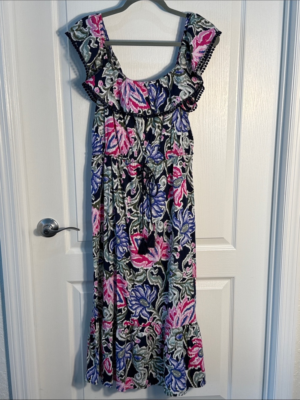 LOFT Pink, Blue & Black Floral Ruffle Maxi Dress Off Shoulder Size S NWT